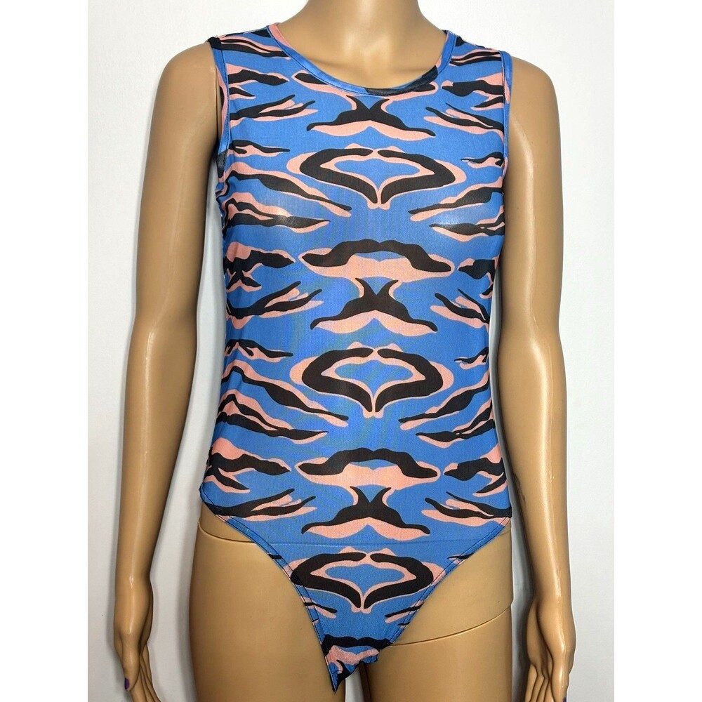 TEREA Blue Animal Print Mesh Bodysuit Women's Size M Y2K Unique